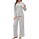 Blooming Jelly Women 2 Piece Pajamas Sets Long Sleeve Casual Ribbed Lounge Set Fall Pj V Neck Loungewear Outfit