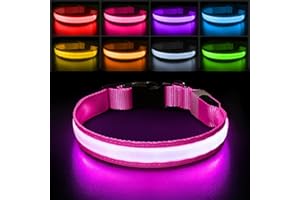 PCeoTllar Light-Up Dog Collar with Automatic 7-Color LED, Water Resistant for Night Walking with High Visibility, Bright Glow (Pink, S)