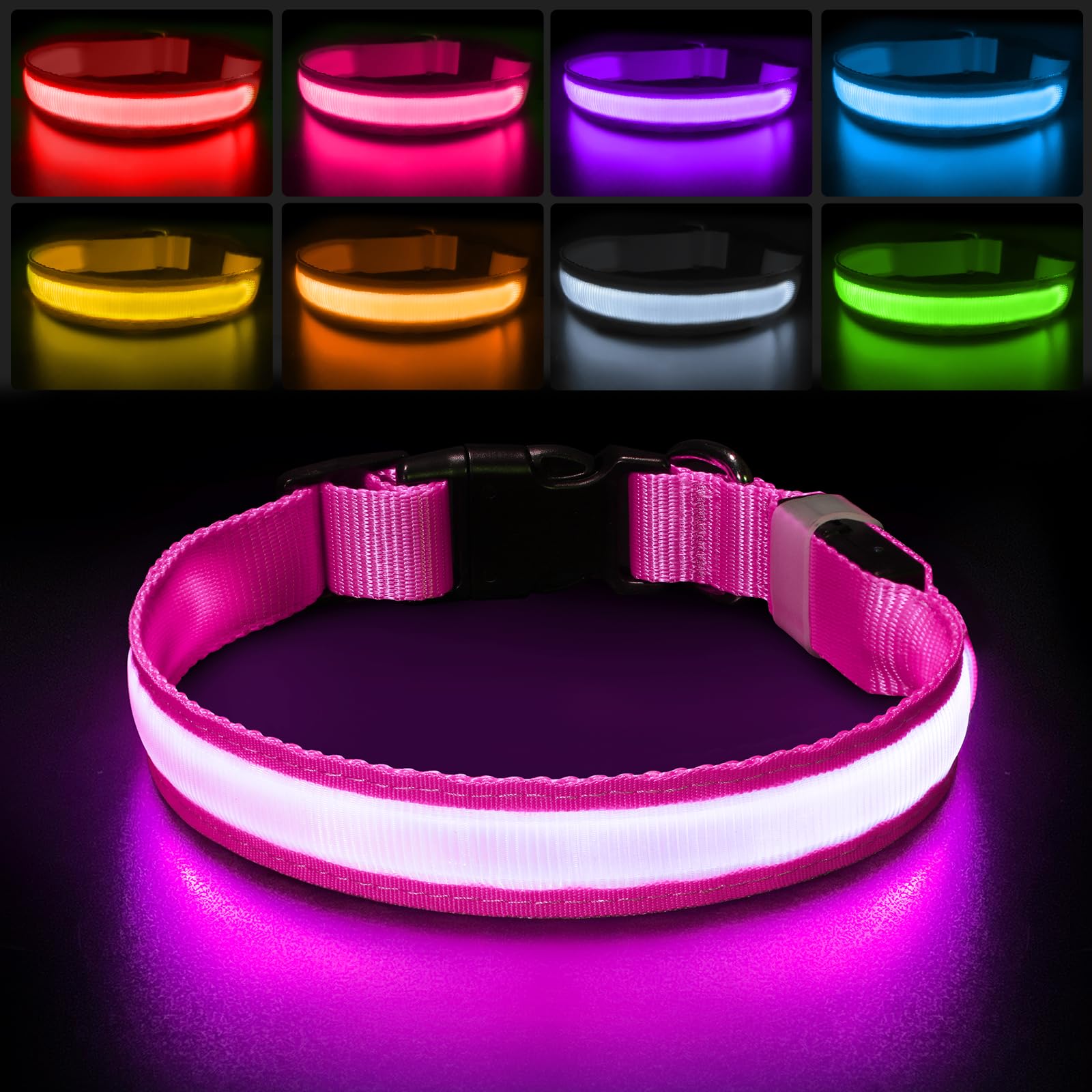 PcEoTllar Light Up Dog Collar - Rechargeable Flashing LED for Night, Adjustable for Small Medium Large Dogs, Waterproof 7 Colors, Pink(9 Modes)