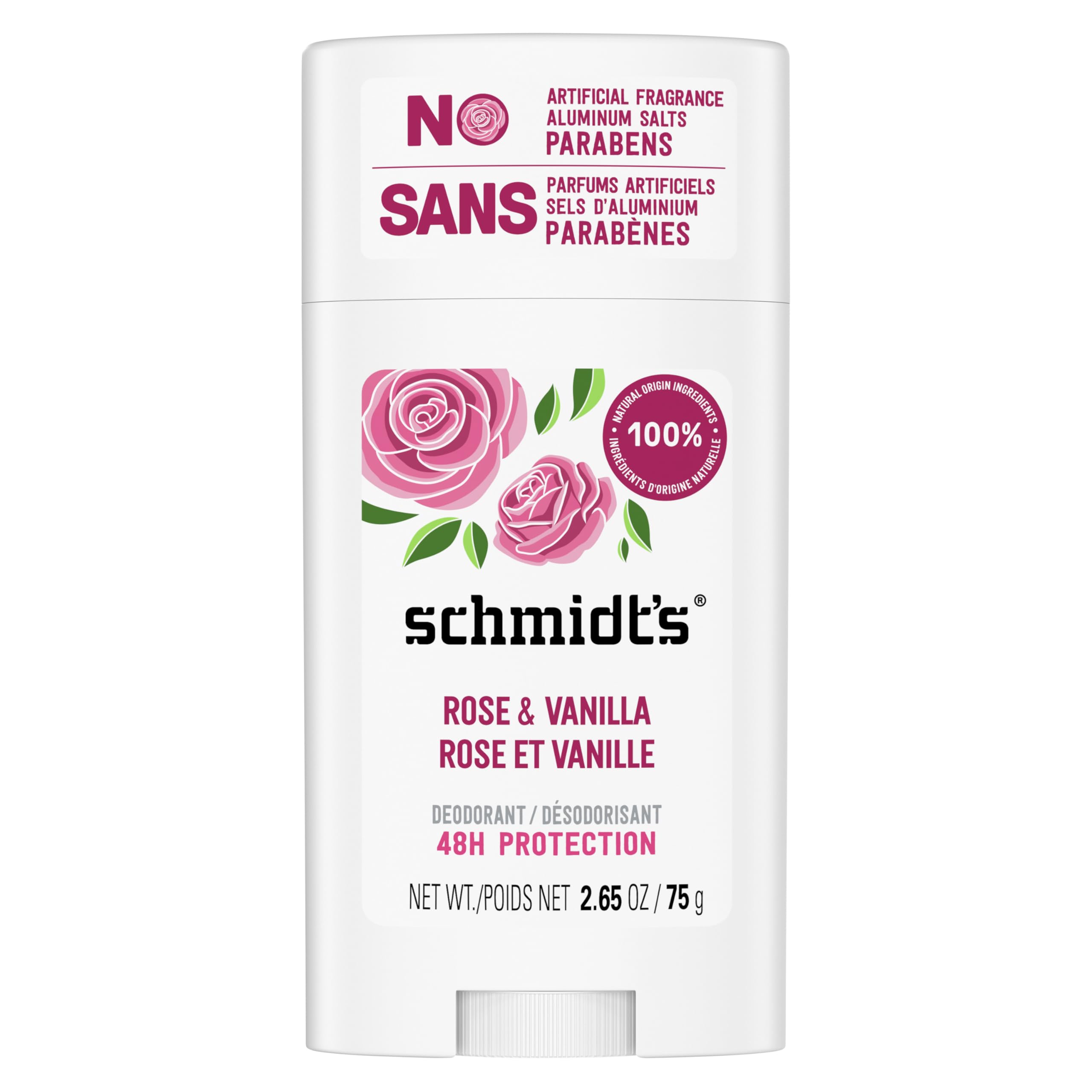 Schmidt's Rose and Vanilla Natural Deodorant Stick for Odour Protection and Wetness Relief 75 g