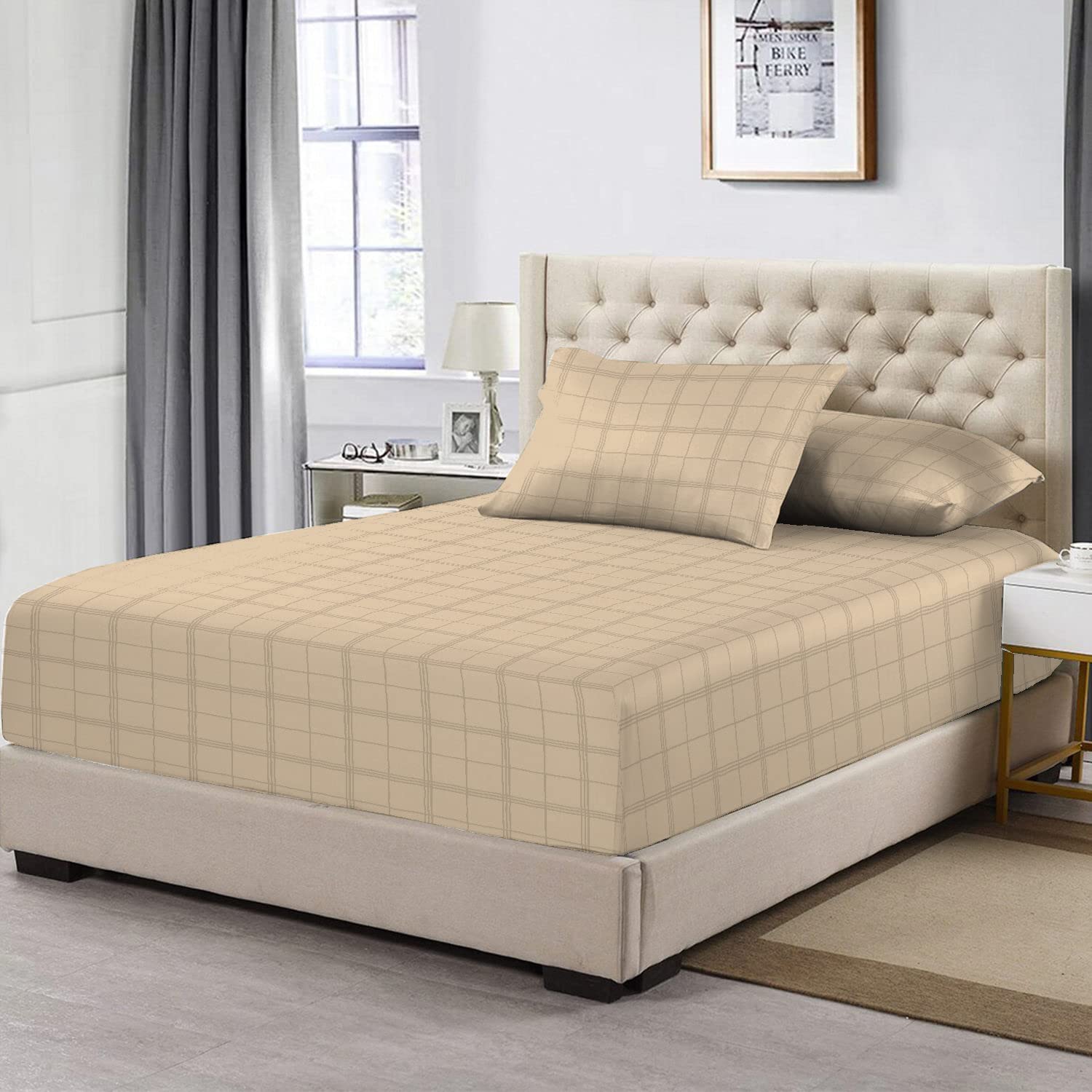 Pizuna 100% Cotton Taupe Big Checks Fitted Sheets, 300 Thread Count Long Staple Combed Cotton Damask Bedding, 40 cm Deep Fitted King Size Sheet (160cm x 200cm Check Bedding King Size)