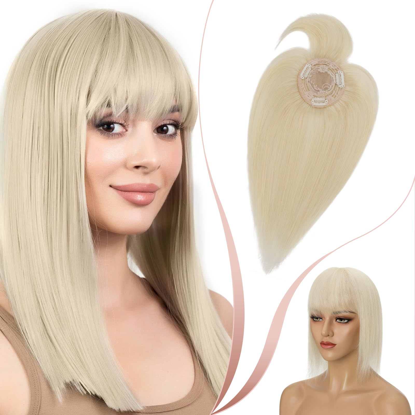 Elailite Human Hair Topper With Fringe Clip in For Women Thinning Hair - 100% Real Hair Invisible Toupee Mono Base Crown Hair Extension Hairpiece (#60 Platinum Blonde, 14 inch)