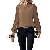 Samefar Womens Pleated Lantern Sleeve Lace Tops Dressy Casual Crewneck Fall Loose Fit Business Work Chiffon Blouses
