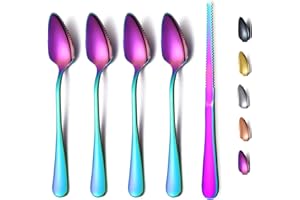HOMQUEN 4 Piece Grapefruit Spoons and 1 Grapefruit Knife, Stainless Steel Grapefruit Utensil Set, Serrated Edges Spoon (Rainb