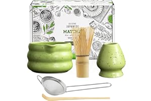KAISHANE Bamboo Matcha Tea Whisk Set of 5 Including 100 Prong Matcha Whisk, Whisk Holder,Traditional Scoop,Tea sifter,and Ceramic Matcha Bowls with filter(sand point green)