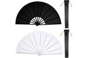 Nydotd 2 Packs Large Rave Fan Handheld Folding Fans Nylon Cloth Foldable with Holder Sleeve for Men Women Performance Line Dance Chinese Kung Fu Tai Chi Decorations Party Gift (Black & White)