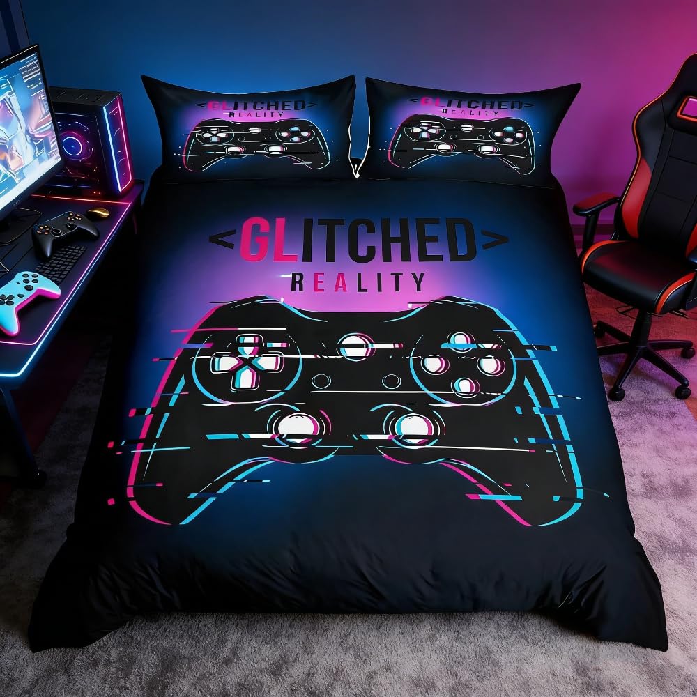 Loussiesd Kids Games Duvet Cover Video Games Themed Bedding Set Gamepad Console Comforter Cover for Children Boys Room Teens Vintage Purple Quilt Cover Double 1 Duvet Cover with 2 Pillow Case