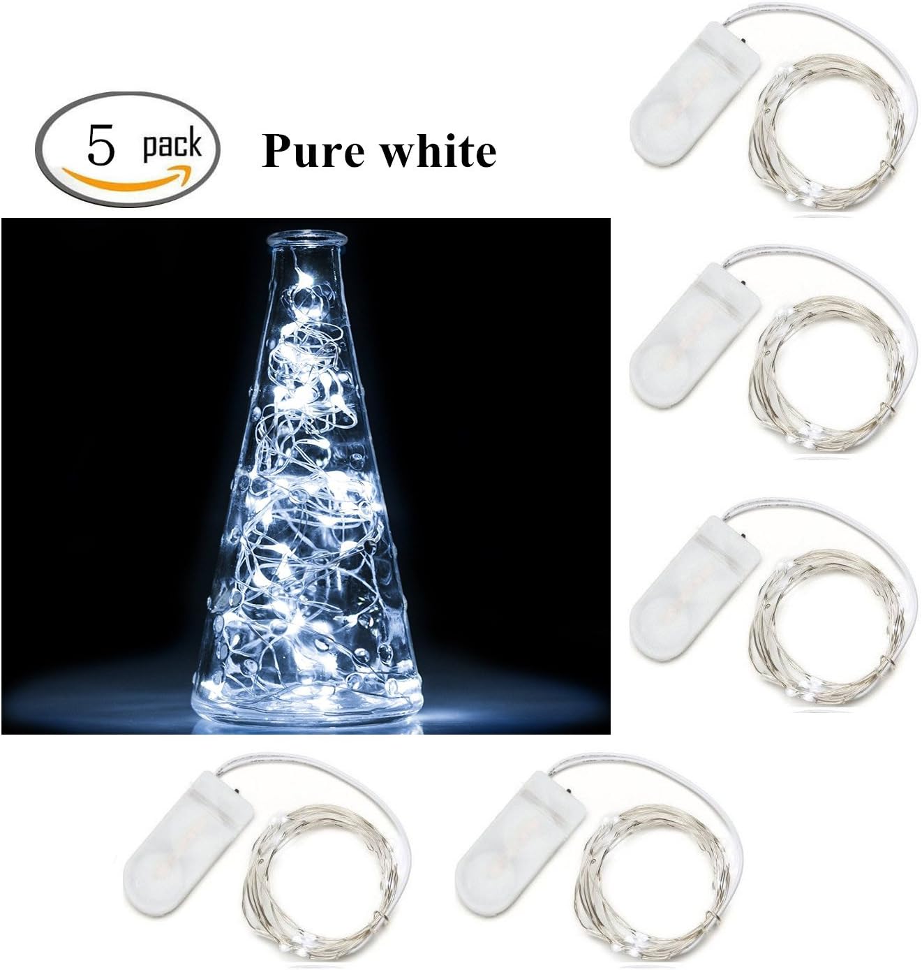 Christmas String Lights, InteTech Pack of 5 Starry Lights with 20 Bright LEDs on 2meters Copper Wire,Best Lights for Home Wedding DIY Dinner Party Decoration (Pure White)