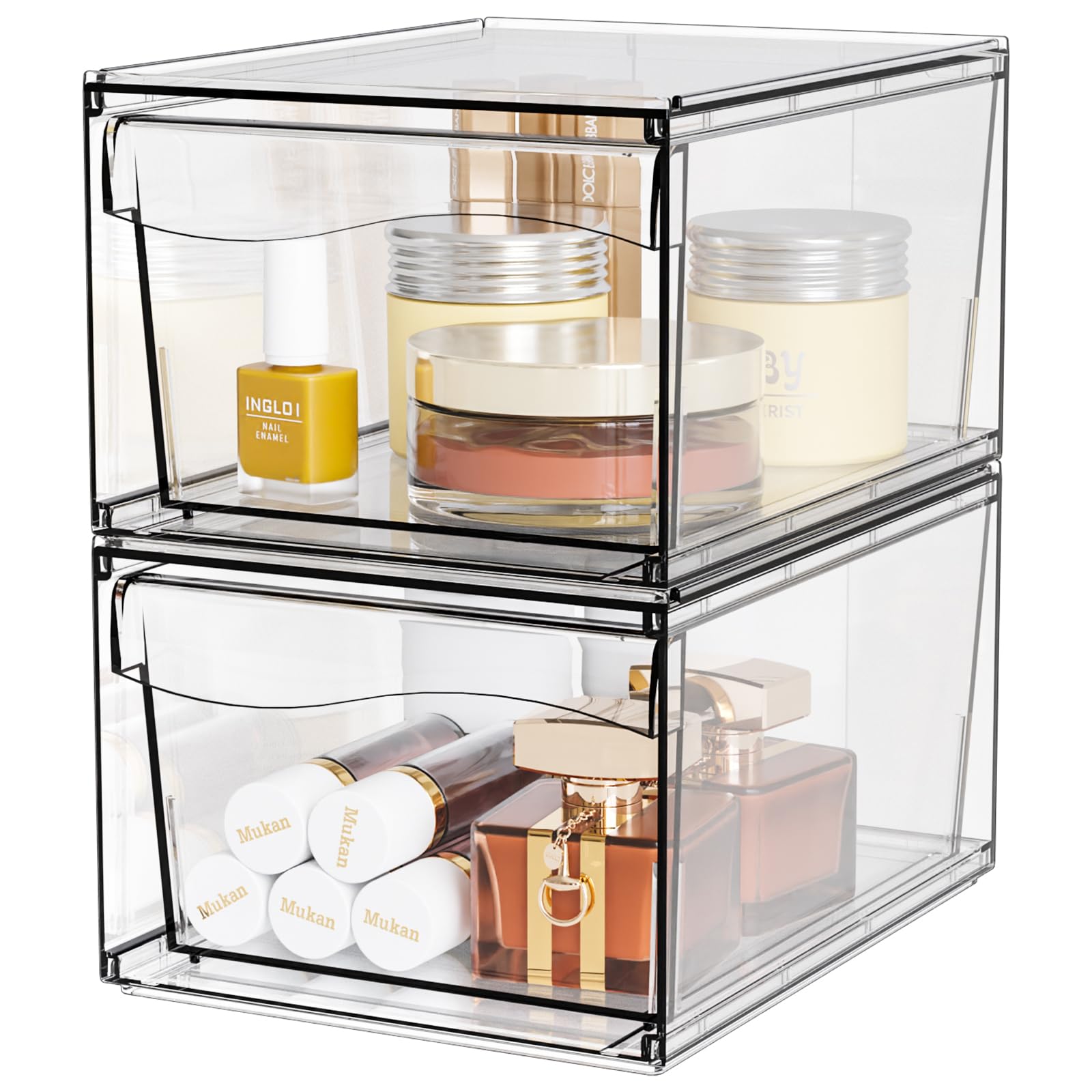 Photo 1 of 2 Pack Clear Stackable Storage Drawers,4.4'' Tall Acrylic Bathroom Makeup Organizer and Medicine,Baby Bottle Storage Containers Box,Plastic Pull Out Storage Bin for Vanity Countertop,Desk
