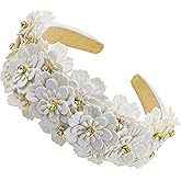Capiant Elegant Vintage Flower Headband for Women, Wide Bejeweled Rhinestone Headband for Bridal Wedding Party, White