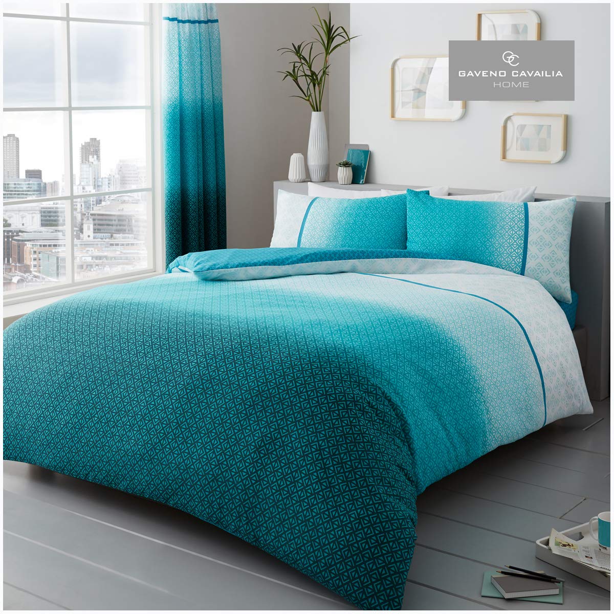 Gaveno Cavailia King Duvet Set Urban Ombre Teal, Modern Geometric Bedding, 3 Piece Cotton Blend Dot Reversible Bedlinen, Easy Care DuvetCover Bedset, 1 Quilt Cover + 2 Pillow Cases