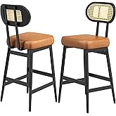 IRONCK Counter Height Bar Stools Set of 2, Modern PU Leather Barstools with Rattan Back and Wide Seat, 30" Tall Bar Chairs fo