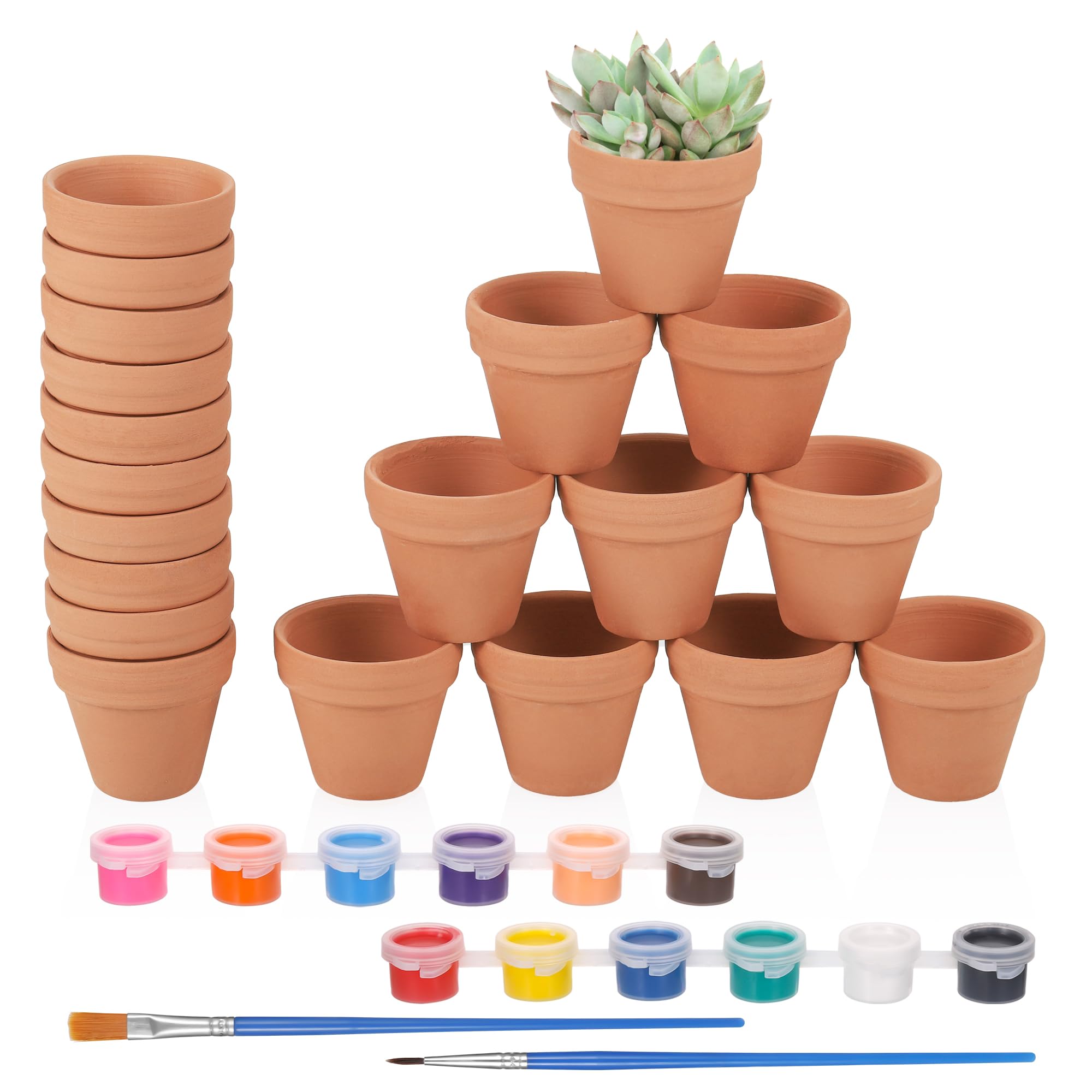 Hejo 20 pcs Mini Terra Cotta Plant Pots, 3×3.5cm Mini Clay Pots for DIY Painting Kit with 2 Brushes and 12 Colors, Cute Clay Planters for Succulents, Herbs & Indoor and Outdoor Decoration