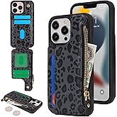 Cavor for iPhone 13 Pro Max Case with Card Holder,for iPhone 12 Pro Max Wallet Case for Women Men,Leather Magnetic Clasp Zipper Pocket Protective Phone Cover-Leopard Black