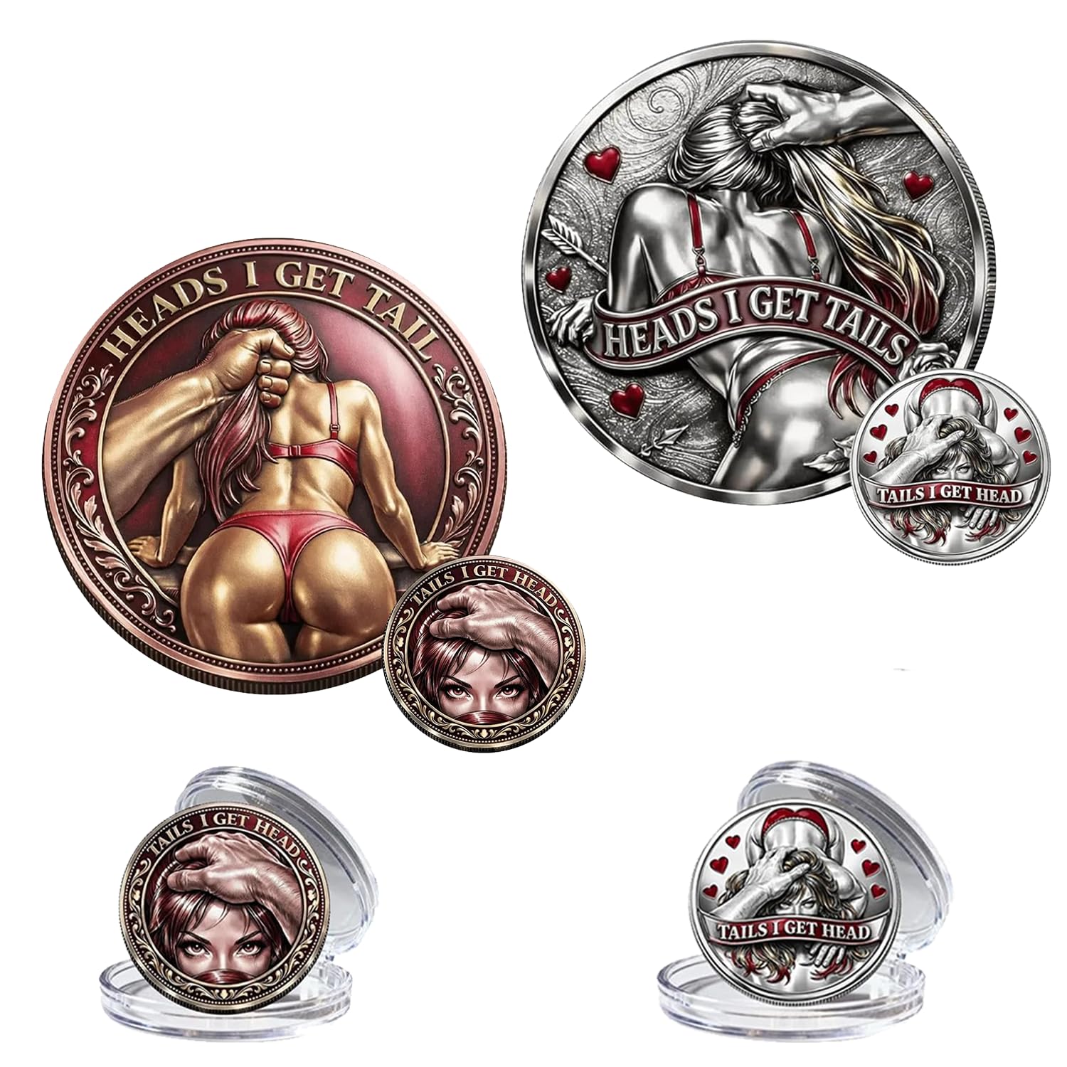 2PCS Heads I Get Tail/Tails I Get Head Commemorative Coin, Funny Heads and Tails Challenge Coin, Double-Sided Lucky Token, Decision Coins for Couples, Gift for Adults Date Night Valentine's (A+D)