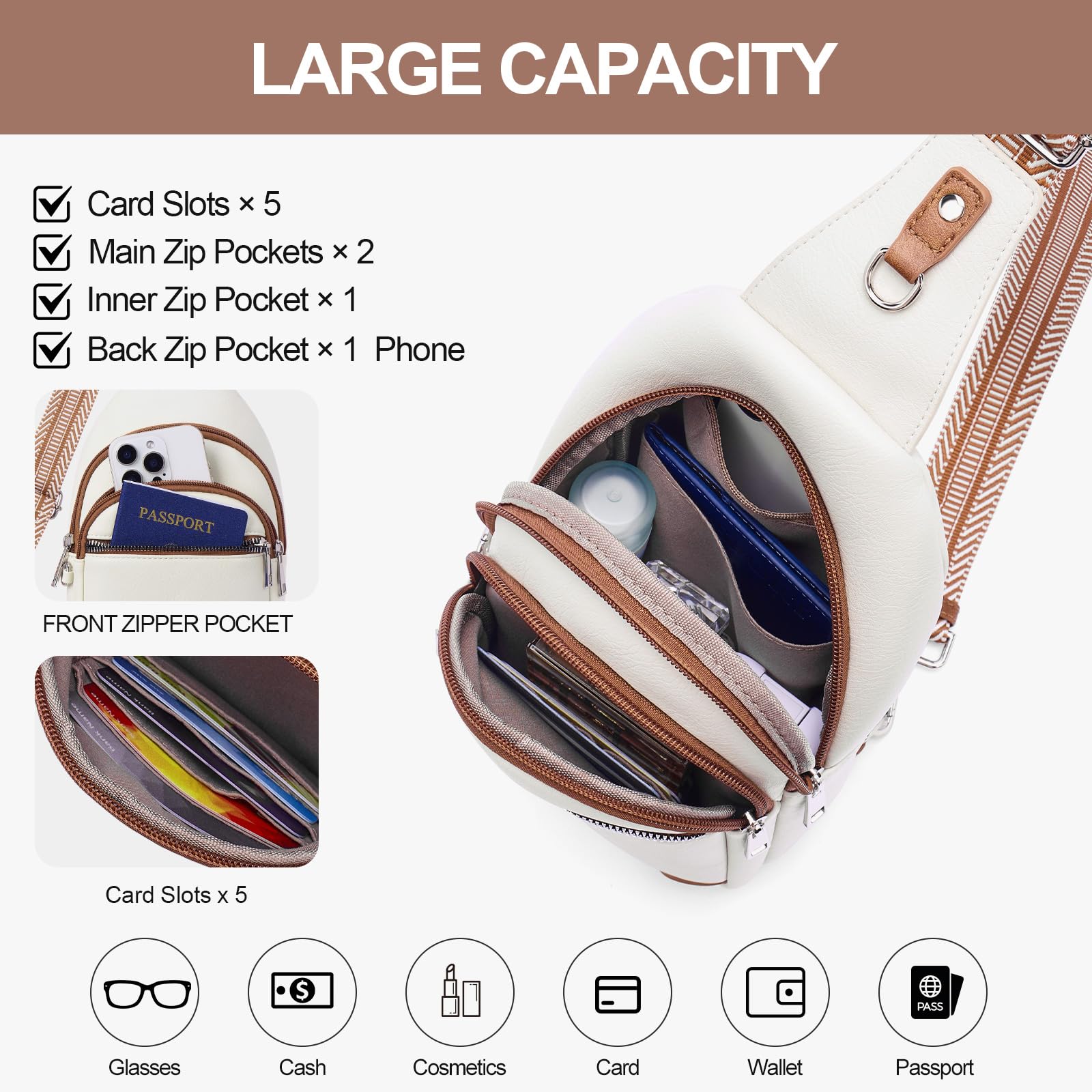 Lexiyat Anti Theft Crossbody Bags for Women Travel Chest Sling Bag Leather RFID Purse Fanny Pack Beige