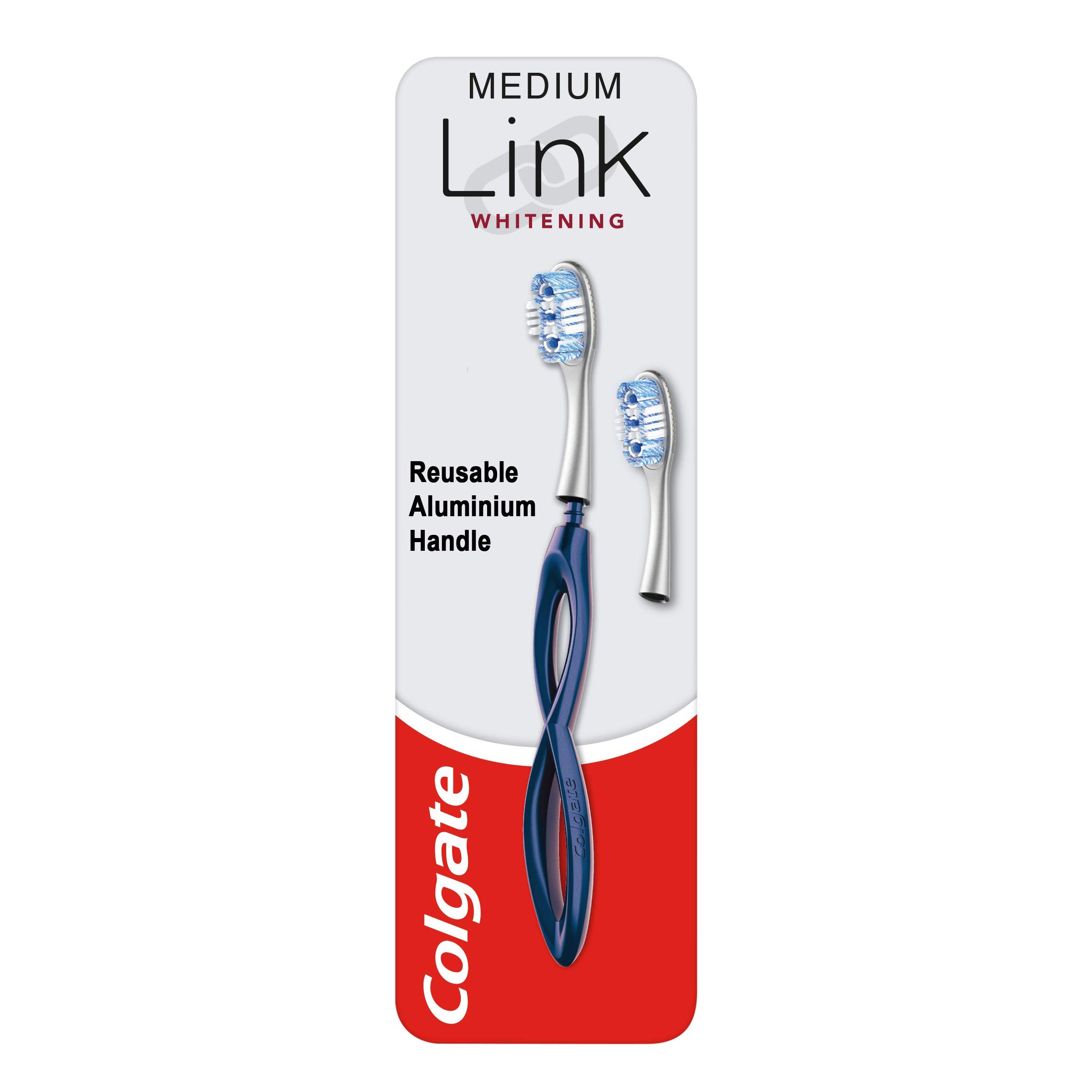 Colgate Link Manual Toothbrush Whitening Starter Kit Including 1 Premium Aluminium Handle & 2 Whitening Replacement Brush Heads Medium, Navy, Stain Removing Technology, 80% Less Plastic
