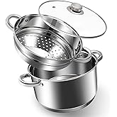 AuFranc® 6 Quart 18/10 Stainless Steel Tri-ply Stockpot and Steamer with Tempered Glass Lid, Multipurpose Steamer Pot Compatible with All Cooktops, Non-Toxic Soup Pot, Oven & Dishwasher Safe (Silver)