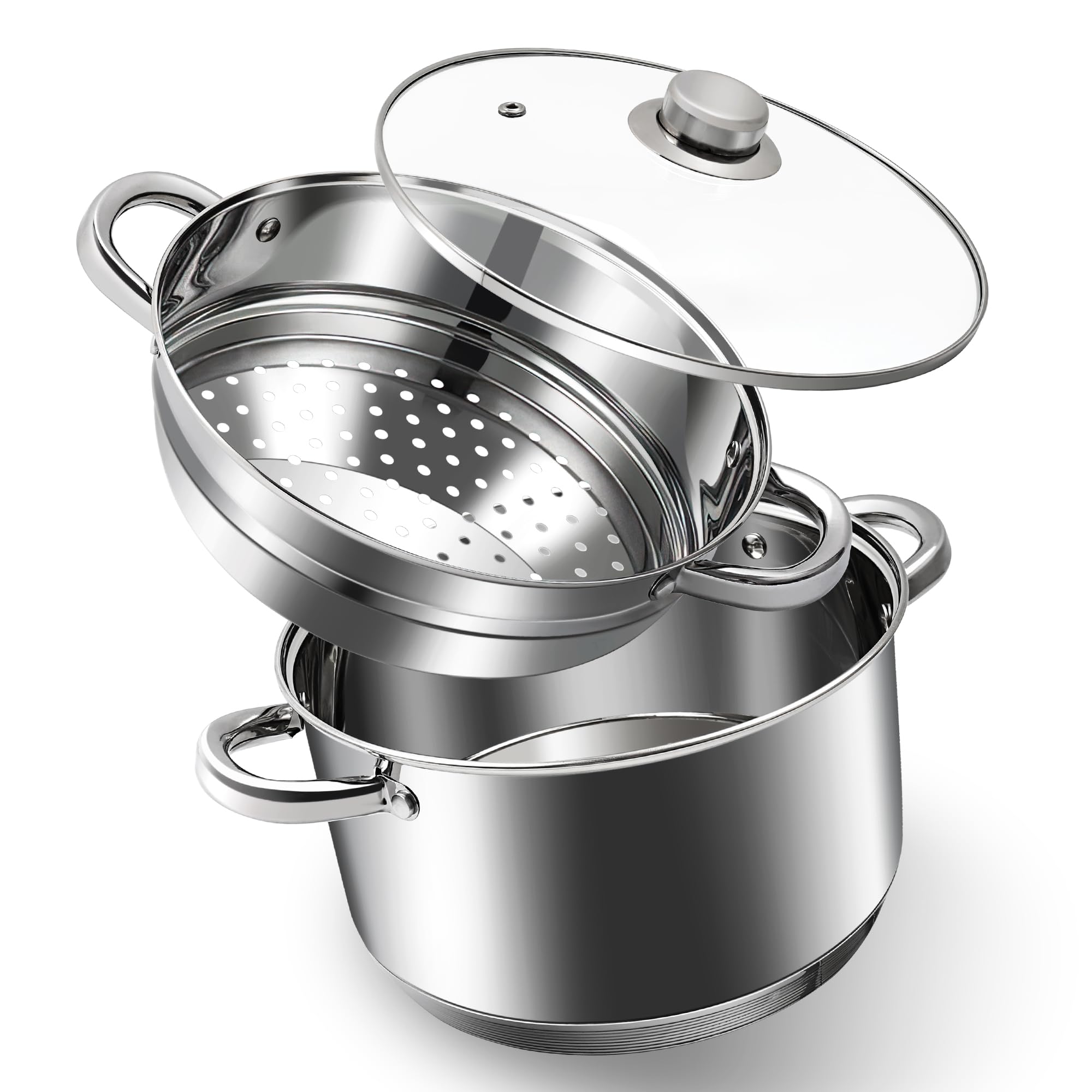Photo 1 of AuFranc® 6 Quart 18/10 Stainless Steel Tri-ply Stockpot and Steamer with Tempered Glass Lid, Multipurpose Steamer Pot Compatible with All Cooktops, Non-Toxic Soup Pot, Oven & Dishwasher Safe (Silver)