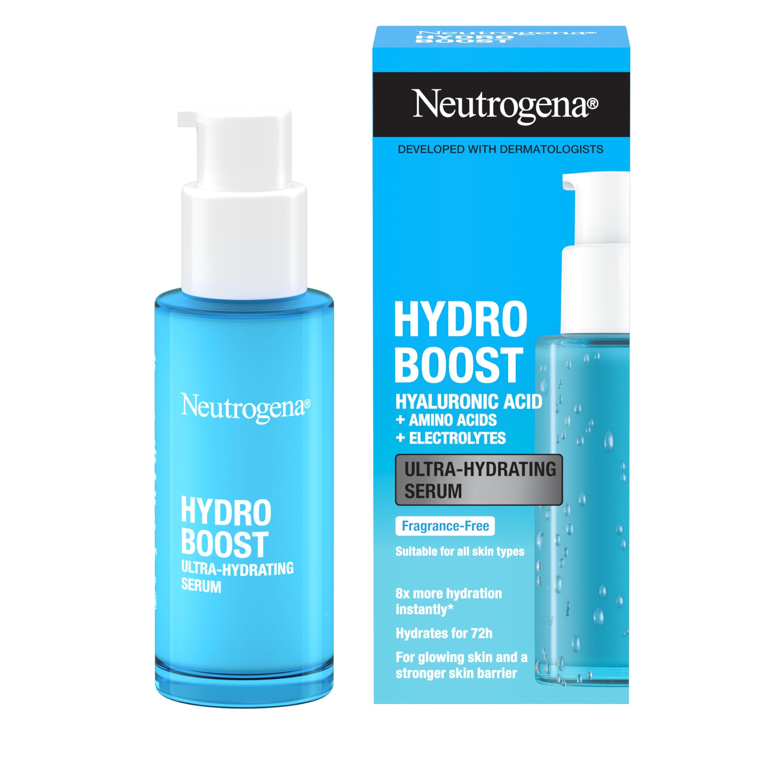 Neutrogena Hydro Boost Ultra-Hydrating Serum (1x 30ml), Fragrance-Free Face Serum, 8x More Hydration for up to 72H, Hydration Serum with Hyaluronic Acid, Amino Acids and Electrolytes for Dewy Skin