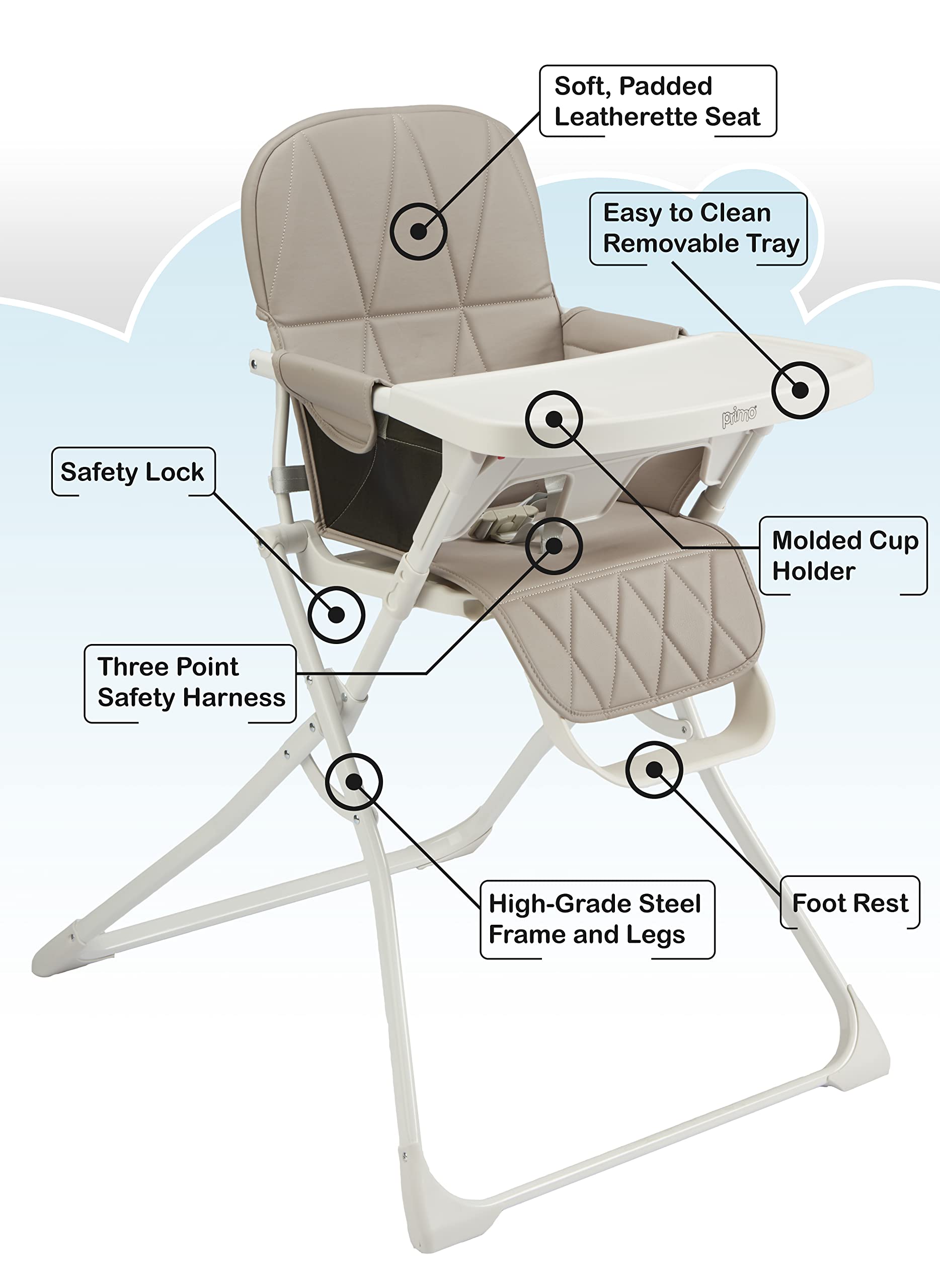 Primo PopUp Folding High Chair for Baby Age 6 to 36 Months - Taupe Folding Beach Style High Chair with Removable Dishwasher Safe Tray, 3pt Safety Harness, Leatherette Seat - Space Saving Design