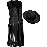 Foaincore Fringe Vests Cowgirl Outfits for Women 70s Hippie Clothes Vest Jacket Faux Suede Tassels Western Cowgirl Hat
