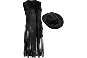 Foaincore Fringe Vests Cowgirl Outfits for Women 70s Hippie Clothes Vest Jacket Faux Suede Tassels Western Cowgirl Hat