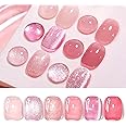 Born Pretty Jelly Gel Nail Polish, Glitter Gel Polish, Nude Pink Gold Cat Magnetic Eye Gel Nail Polish, Sheer Crystal Transparent Sparkle Nail Manicure Gift DIY at Home 6PCS 7ml