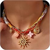 Scarf Necklace with Charm,Vintage Bandana Necklace for Women with Hammered Heart,Tiger Eye Stone,Ceramic Flower and Pearl Heart Pendant,Gold Stainless Steel Silk Charm Necklace for Women,Gift Jewelry