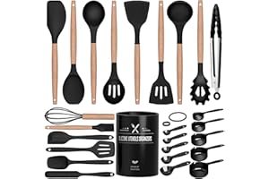 EWFEN Kitchen Utensils Set, 26 Pcs Non-Stick Silicone Cooking Utensils Spatula Set with Holder, Sturdy Wooden Handle, Heat Resistance Silicone Kitchen Gadgets Utensils Set, Black