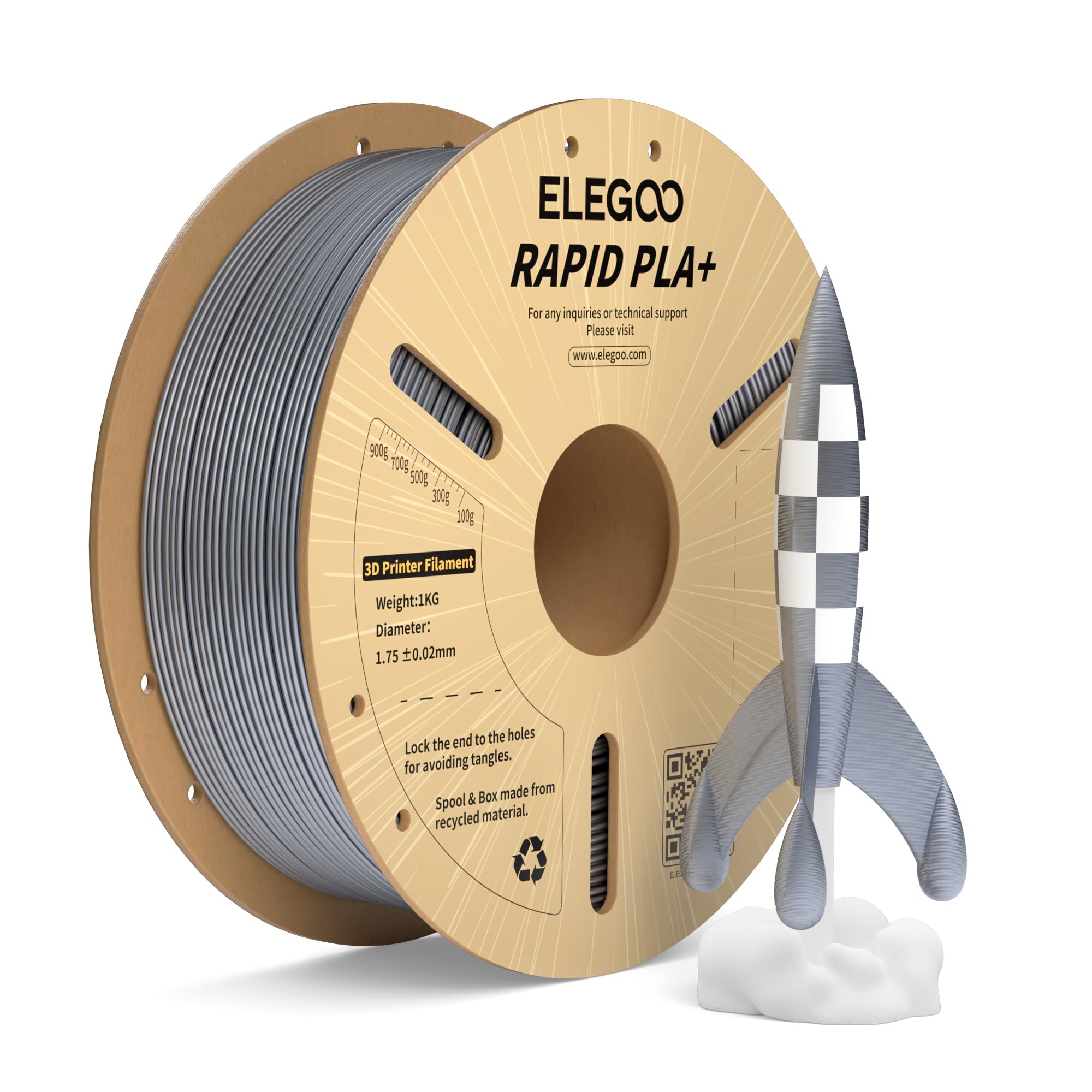 Photo 1 of **MISSING PARTS**
ELEGOO Rapid PLA Plus Filament 1.75mm Silver 1KG, PLA+ 3D Printer Filament for 600 mm/s High Speed Printing, Dimensional Accuracy +/- 0.02 mm, 1kg Cardboard Spool(2.2lbs)