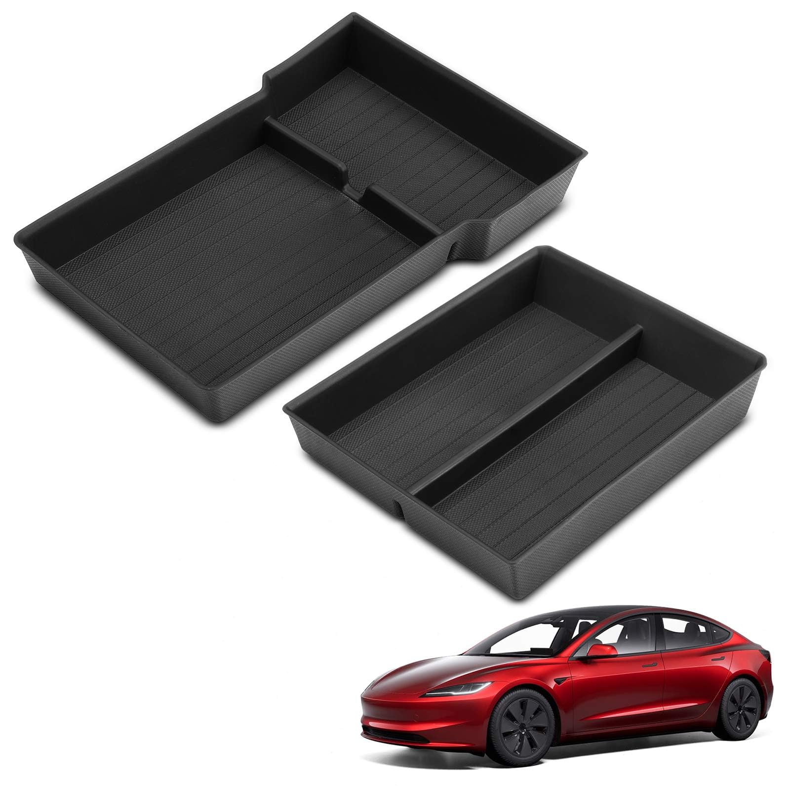 Photo 1 of YHTAUTO Lower Center Console Organizer Tray Compatible with 2024 2025 Tesla Model 3 Highland, TPE Hidden Storage Box, Model 3 Highland Accessories 2PCS