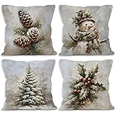 MONALET Rustic Winter Christmas Throw Pillow Covers 18x18 Set of 4, Pine Cones Snowman Cardinal Home Decor Pillow Cases for Farmhouse Bedroom Living Room, Vintage Pine Tree Holly Berries Pillowcases