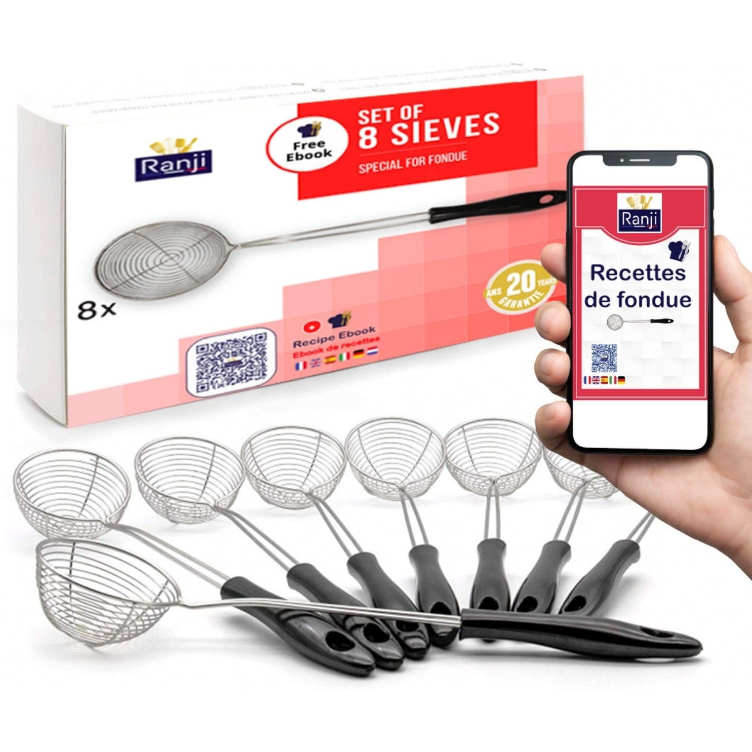 Ranji® - 8 Fondue sieves Bundle - Stainless Steel - Easy Care - Perfect for Fondue Nights! …