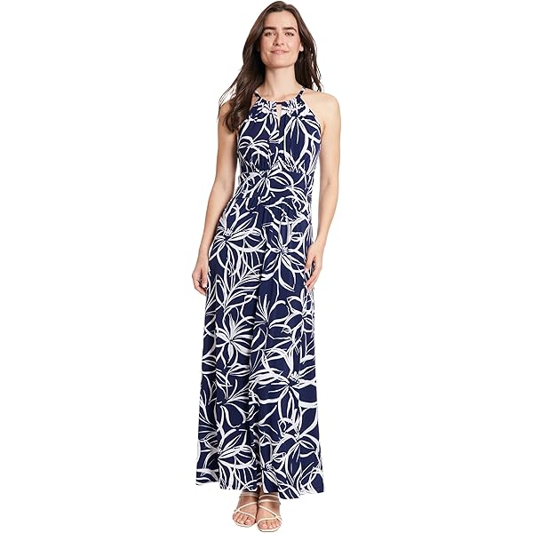 Amazon.com: London Times Women's Dresses Halter Neckline Signature Morris  Maxi Dress Vacation Occasion Event Guest of, Linear Floral