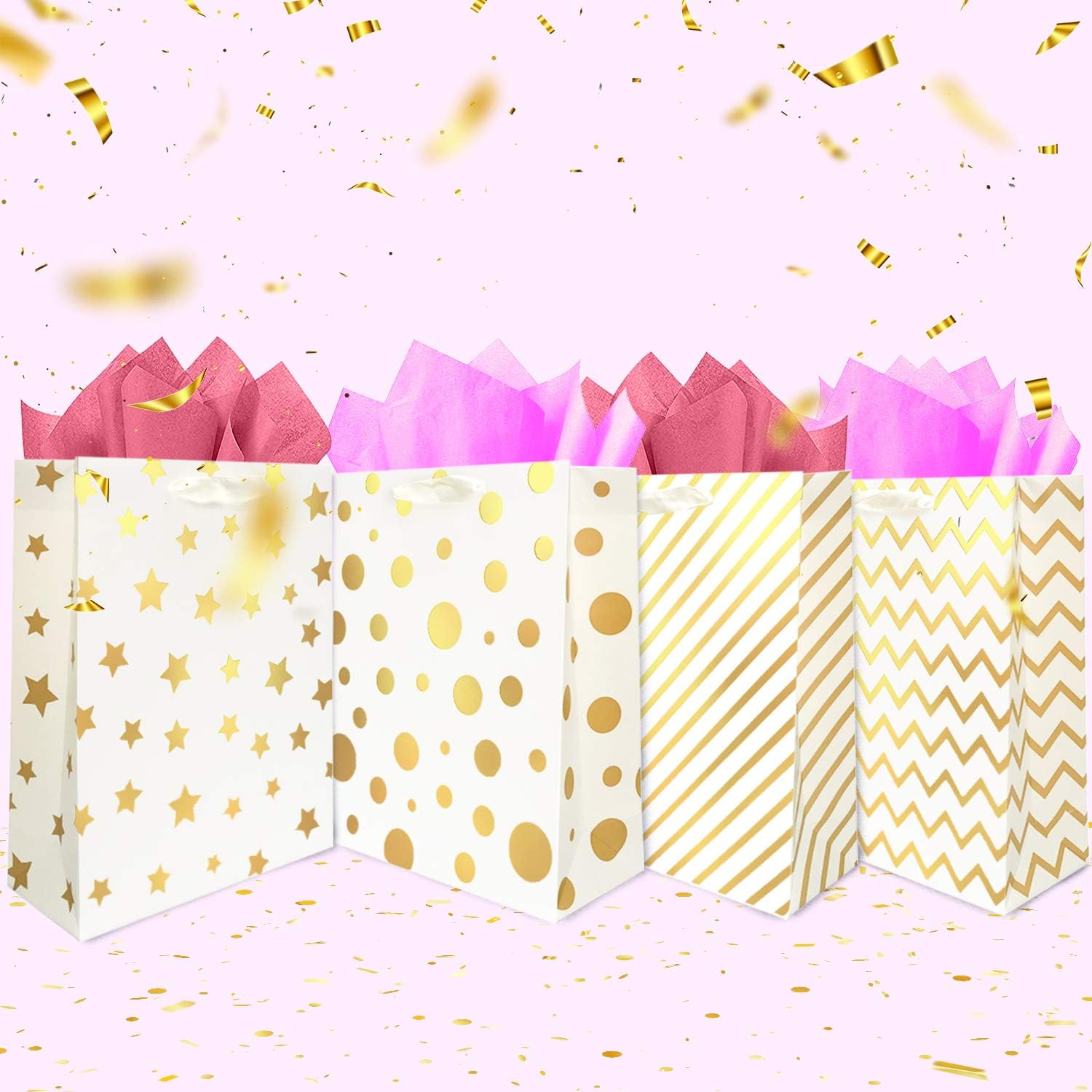 UNIQOOO 12Pcs Assorted Gold Foil Metallic Gift Bags Bulk Ribbon Handle - Image 3