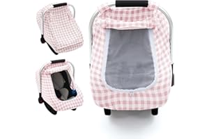 KASEEOUS Muslin Car Seat Cover Baby, Breathable Infant Car Seat Cover with 2-Layers Window, Lightweight Car Seat Sun Shade Cover for Summer, Universal Carseat Canopy for Newborn Shower Gift (Pink)