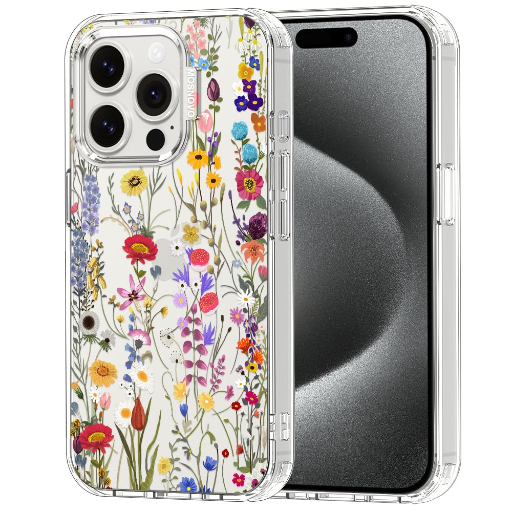 MOSNOVO Case for iPhone 15 Pro, [Buffertech 6.6ft Military-Grade Drop Protection] [Anti Peel Off Tech] Clear TPU Bumper Phone Case Cover Design - Wildflower Meadow — image 1