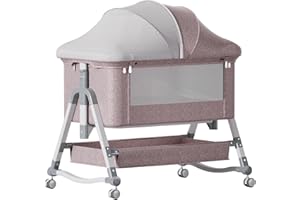 Jaoul 4 in 1 Baby Bassinet Bedside Sleeper Baby Crib, Adjustable Cosleeper for Baby, Easy Folding Portable Baby Bed Rocking Bassinets with Comfy Mattress Mosquito Net Storage for Infant Newborn Khaki