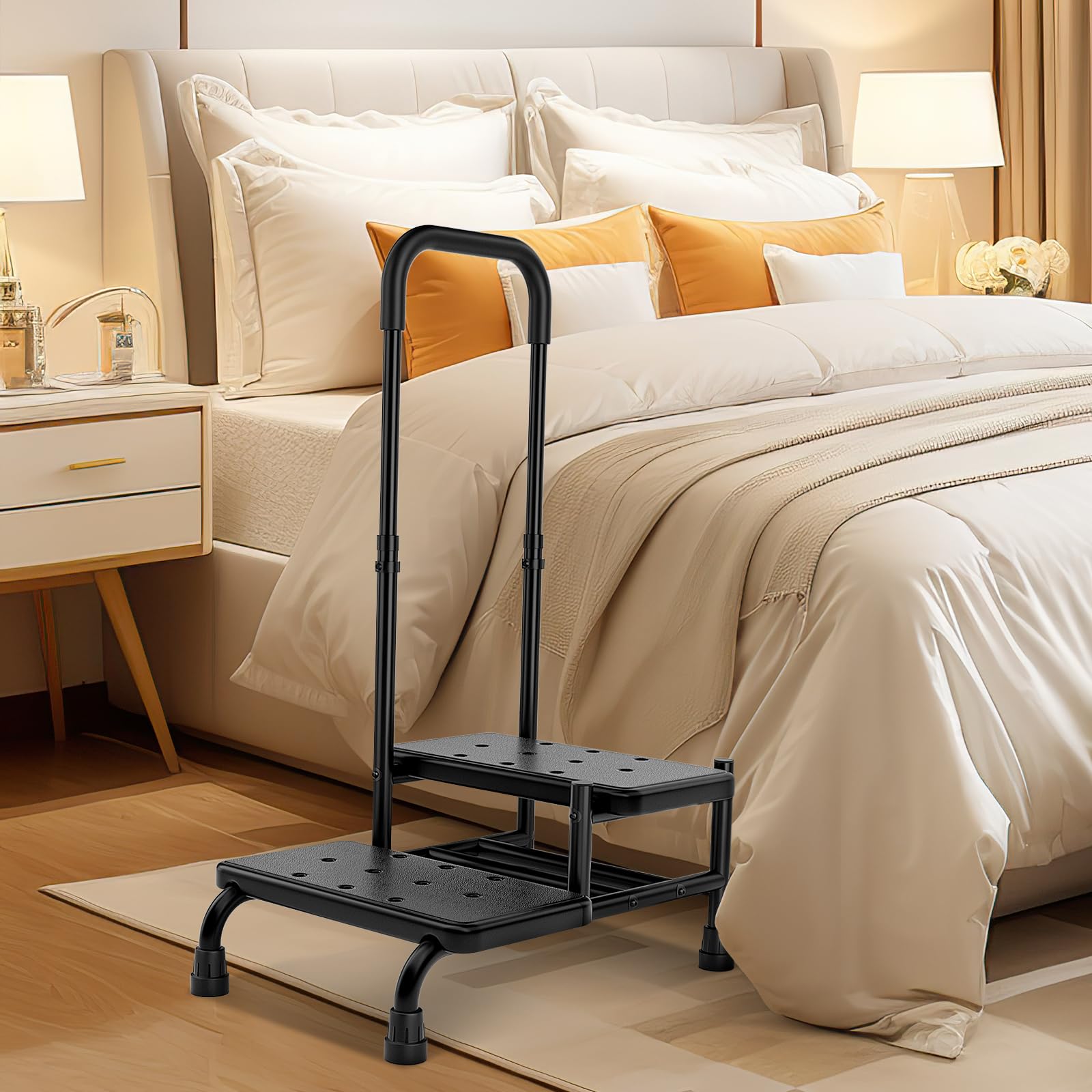 Photo 1 of FORTEMOTUS Step Stool with Handle - Heavy Duty 2 Step Stool for Adults Elderly with Adjustable Handrail &Non-Skid Platform, Foot Stool for Bedside, Kitchen, Car, Bathtub, Holds up to 450 lbs