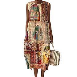 Womens Boho Dresses Summer Fall Cotton Linen Midi