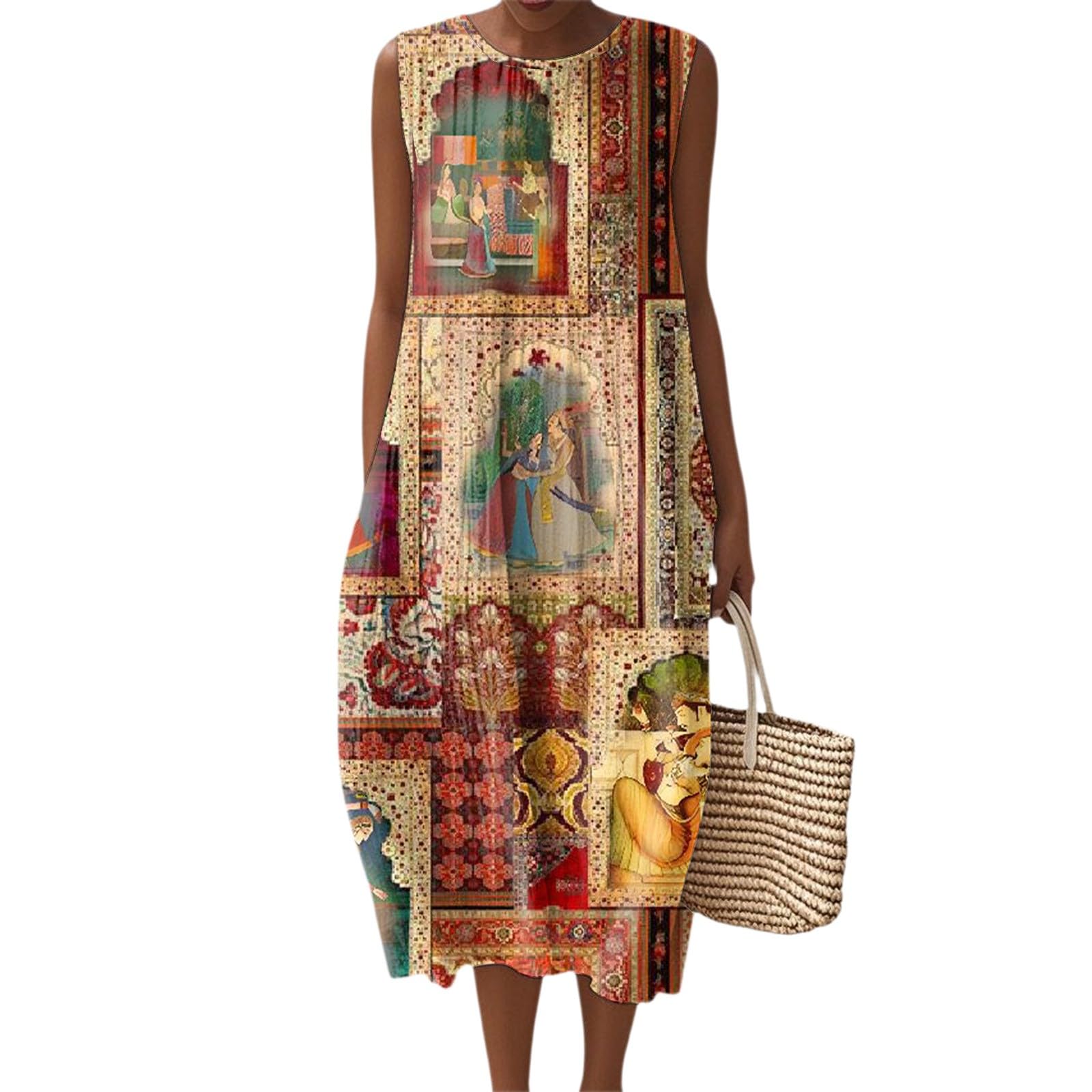 Womens Boho Dresses Summer Fall Cotton Linen Midi