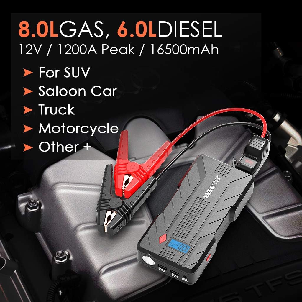 Beatit QDSP 1200A Peak 16500mAh 12V Portable Car Lithium Jump Starter (up to 8.0L Gas and 6.0L Diesel) Battery Booster Phone Charger Power Pack with Smart Jumper Cables B7: Automotive