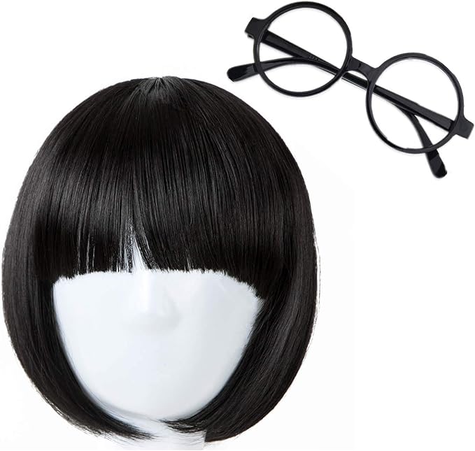 Camtop Kid Wigs For Cosplay Edna Mode Costume Short Black Cosplay Wig Halloween Party Wigs With Eye Glasses Frame