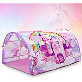 Wowangce Unicorn Bed Tent for Kids Large Kids Twin Tent Toddler Play Bed with Carry Bag Foldable with String Lights for Girls Boys Bedroom Indoor Games