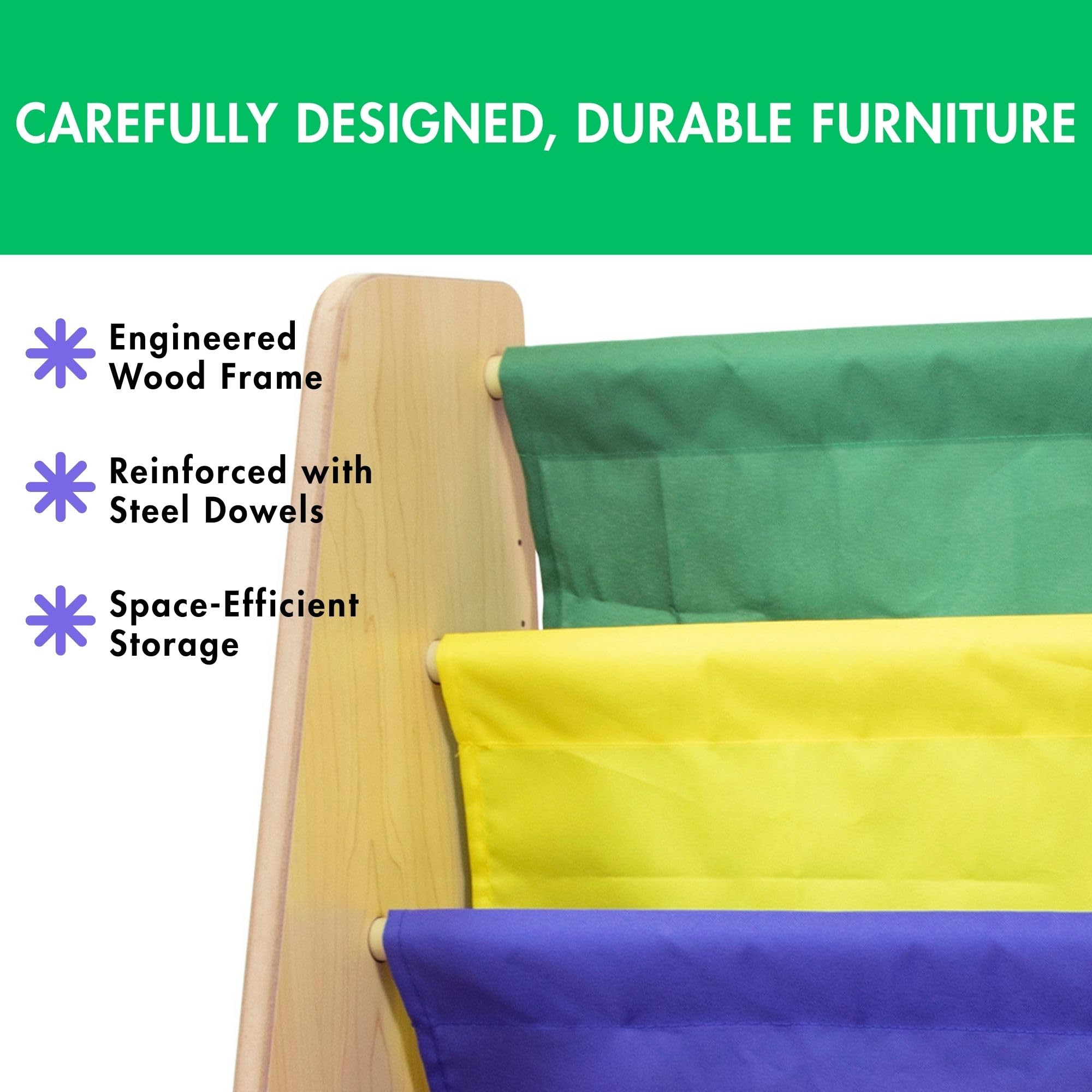 Humble Crew 4-Tier Kids Bookshelf and 3 Bins Toy Storage, Natural and Primary - Book Shelf for Kids Rooms with Four Deep Pockets - Toddler Sling Book Rack with Deep Sleeves, Nursery Bookcase Organizer