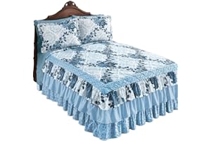 Collections Etc Navy Rose Floral Medallion Printed Tiered Ruffled Bedspread for Full Bed, 110" x 94", Full