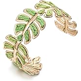 RUOFFETA Women's Raffia Cuff Bracelet with Monstera Leaf, Handmade Summer Beach Jewelry, Vibrant Gradient Colors, Adjustable Open Cuff Design