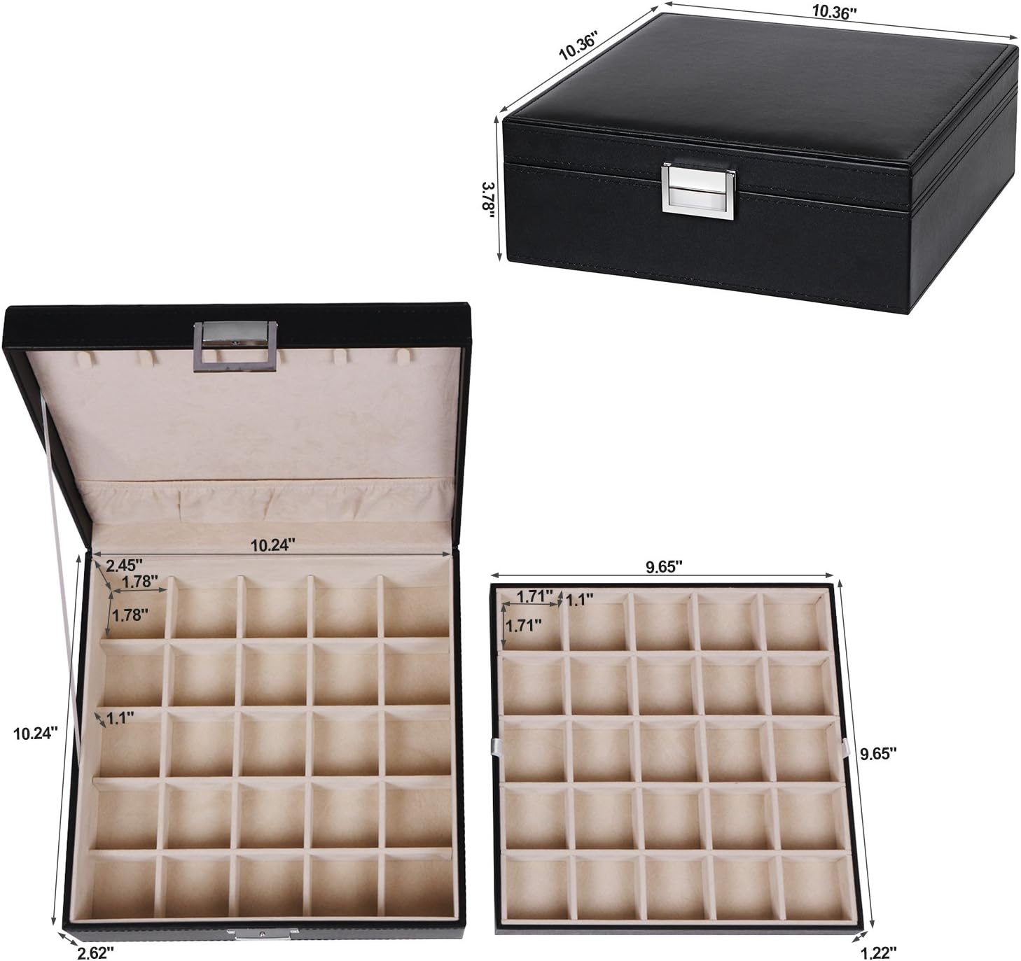 BEWISHOME Earring Organizer Holder for Cufflinks, Rings, Pendants, Chain - 50 Slots Case, 6 Necklace Hook, 2 Stackable Trays - Elegant Jewelry Storage Box for Girls Women, Black Faux Leather SSH11B: Home Improvement