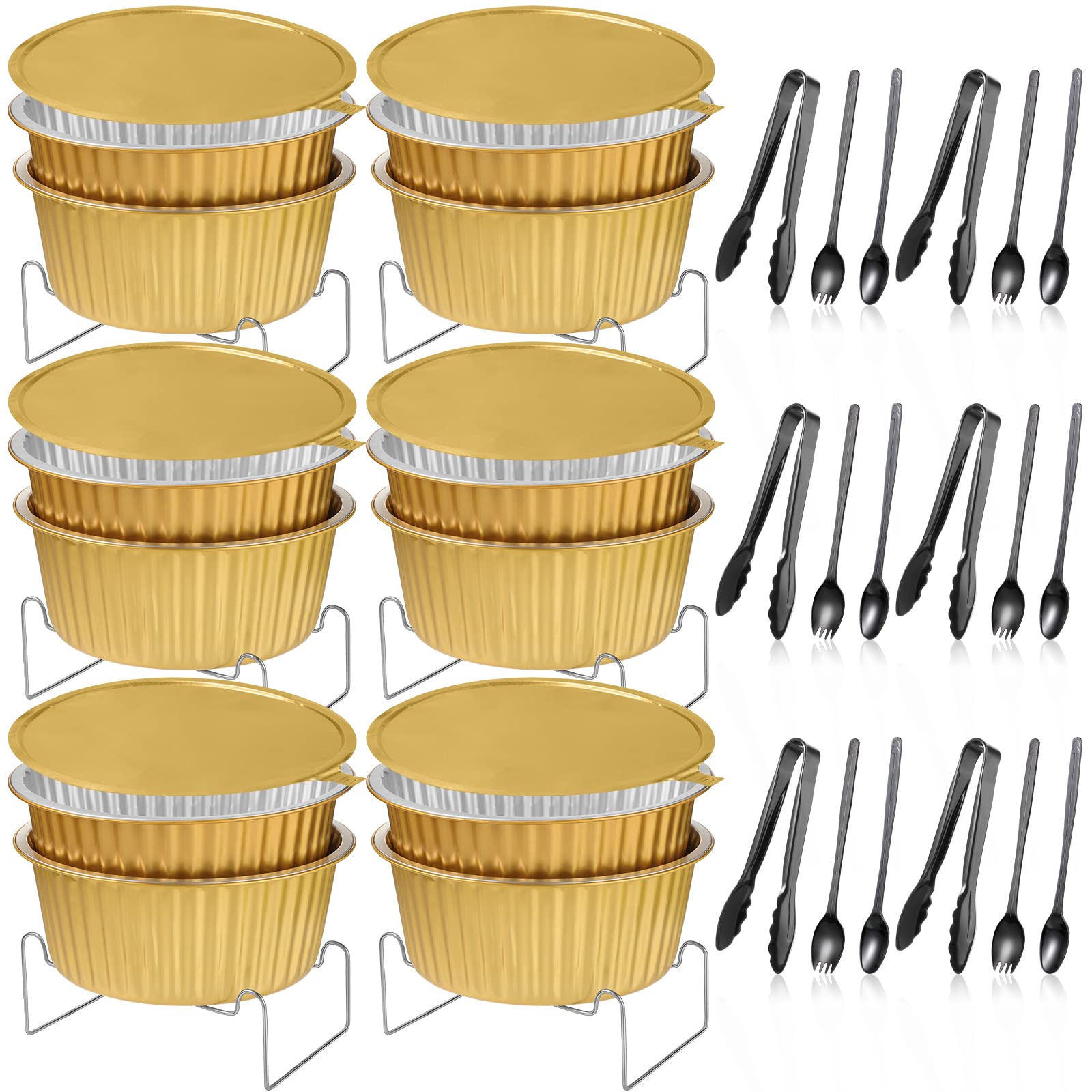 Photo 1 of Meanplan 6 Set Disposable Chafing Dishes Buffet Set Gold Chafer Wire Racks Stand Kit Dish Food Warmer Catering Serving Trays Party Supplies Include Chafer Pans Serving with Utensils and Buffet Stand